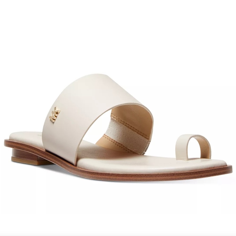 NIB Michael Kors August Flat Sandal Toe Loop Light Cream Faux Leather - Picture 14 of 14